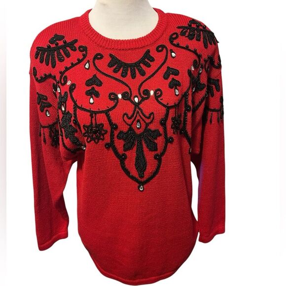 Victoria Harbour Sweaters - Vintage Victoria Harbour Red W/ Black Beaded Embellished Sweater Women Large